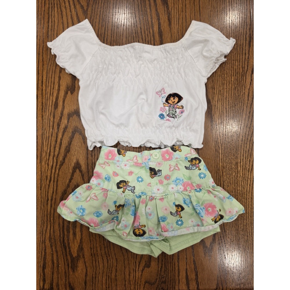 Vintage Dora The Explorer 2pc Outfit Set 12 Months Nick Jr Y2K Skort Peasant Top